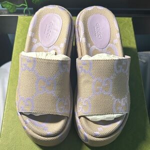 Gucci Beige and Lilac GG Canvas Platform Slides